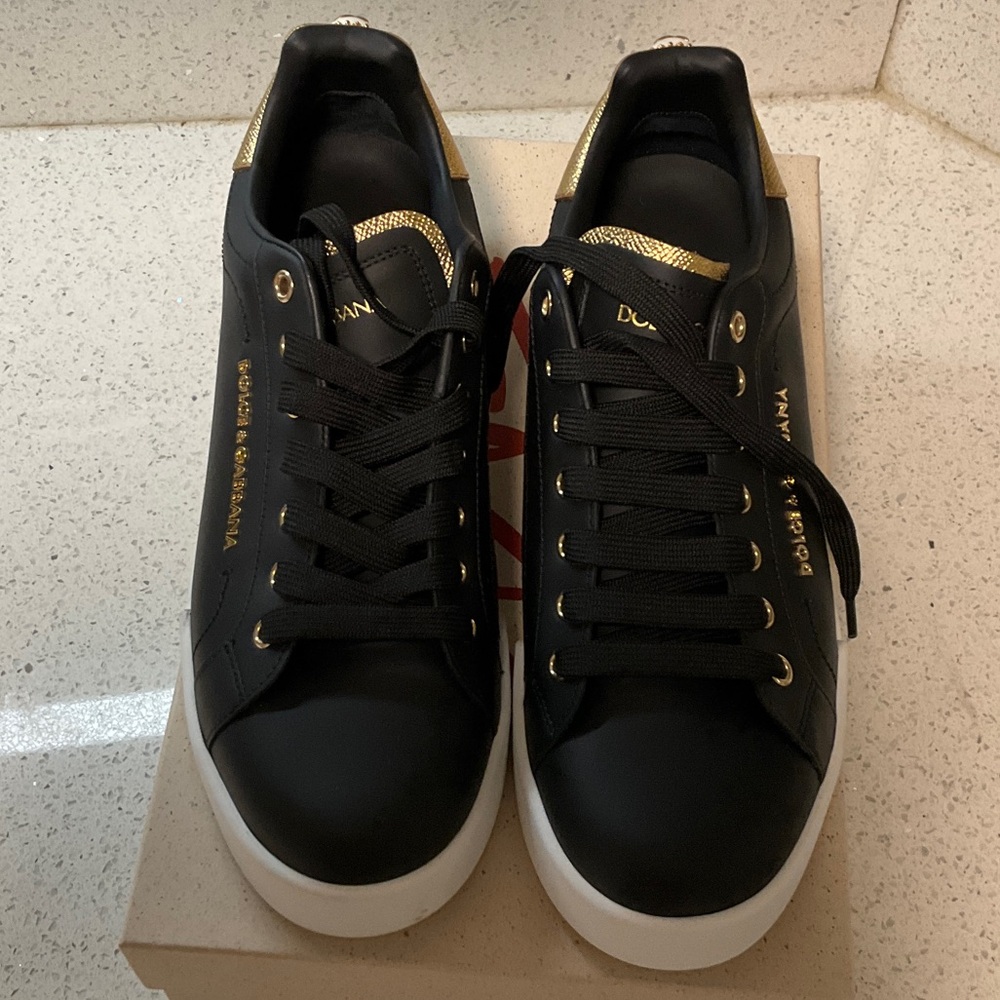 Dolce & Gabbana Black Sneakers with Gold Highlights